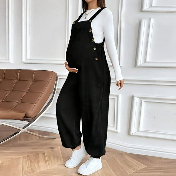 qelini Maternity Overalls Loose for Women High Waist Corduroy Dungarees Solid Color Adjustable Straps Full Length Pants