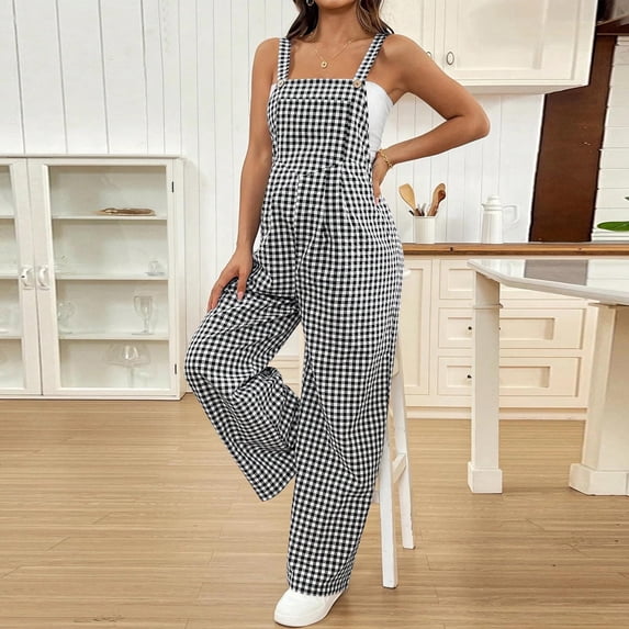 qelini Maternity Overalls Pants Adjustable Straps for Women High Waist Belly Support Pants Elastic Plaid Long Pants