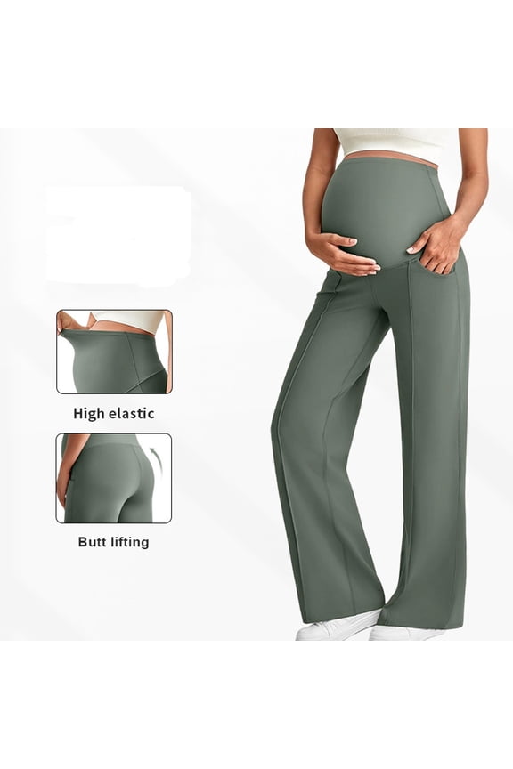 Maternity Pants Wide leg for Women High Waist Solid Pants with Pockets Fleece lined Elastic Bell Bottom Pants