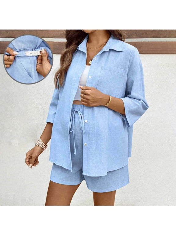 Maternity Sets 2 Piece Outfits for Women Elastic Waist Short Sleeve Blouse with Shorts Solid Color Casual Outfits