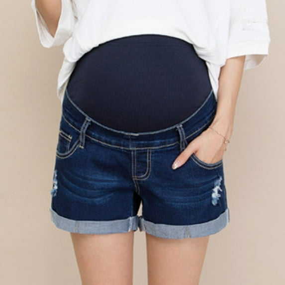 qelini Maternity Shorts Jeans for Women High Waist Solid Belly Support Pants with Pockets Elastic Short Pants