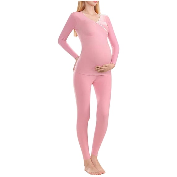 qelini Maternity Thermal Set Seamless Stretch Thermal Inner Wear Long Sleeve Warm Cozy Base Layer Top Bottom Set
