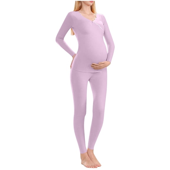 qelini Maternity Thermal Set Seamless Stretch Thermal Inner Wear Long Sleeve Warm Cozy Base Layer Top Bottom Set