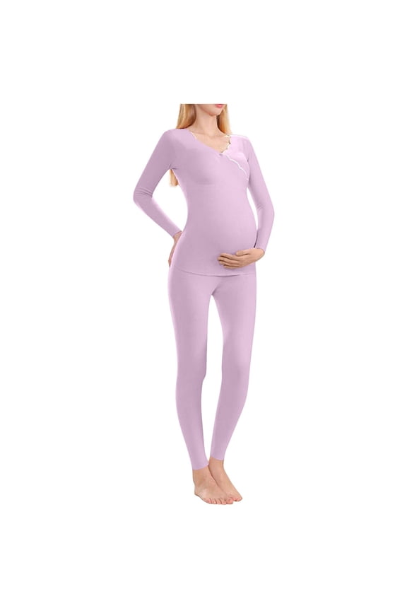 Maternity Thermal Set Seamless Stretch Thermal Inner Wear Long Sleeve Warm Cozy Base Layer Top Bottom Set