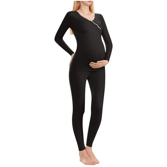 qelini Maternity Thermal Set Seamless Stretch Thermal Inner Wear Long Sleeve Warm Cozy Base Layer Top Bottom Set