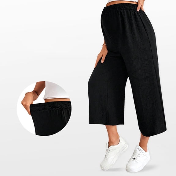 qelini Maternity Wide Leg Pants for Women Loose Straight Capri Pants Cotton Solid Color Crotch Pants