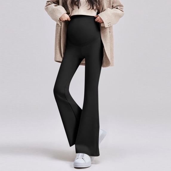 qelini Maternity Yoga Pants Flare for Women High Waist Belly Support Pants Elastic Solid Color Full Length Leggings