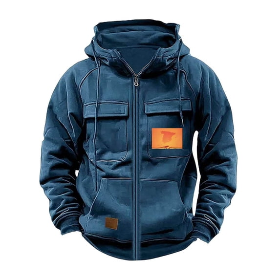 qelini Men Cargo Hoodie Jacket Long Sleeve Pullover Solid Drawstring Hooded Sweatshirts Casual Tops with Pockets