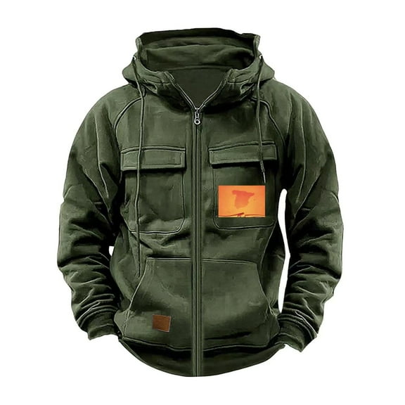 qelini Men Cargo Hoodie Jacket Long Sleeve Pullover Solid Drawstring Hooded Sweatshirts Casual Tops with Pockets