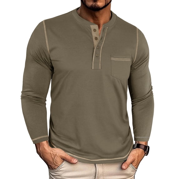 qelini Men Shirts Long Sleeve in Clothing Round Neck Button Casual Lightweight Tops Basic Pullover Solid Color Tee Shirts Army Green M