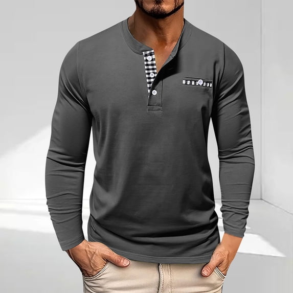 qelini Men Shirts Long Sleeve in Clothing Round Neck Button Casual Lightweight Tops Basic Pullover Solid Color Tee Shirts Black XXXL