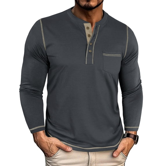 qelini Men Shirts Long Sleeve in Clothing Round Neck Button Casual Lightweight Tops Basic Pullover Solid Color Tee Shirts Dark Gray M