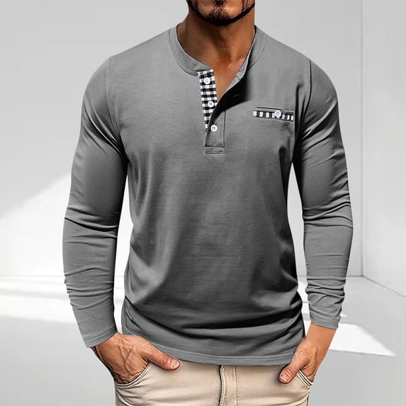 qelini Men Shirts Long Sleeve in Clothing Round Neck Button Casual Lightweight Tops Basic Pullover Solid Color Tee Shirts Dark Gray XXL