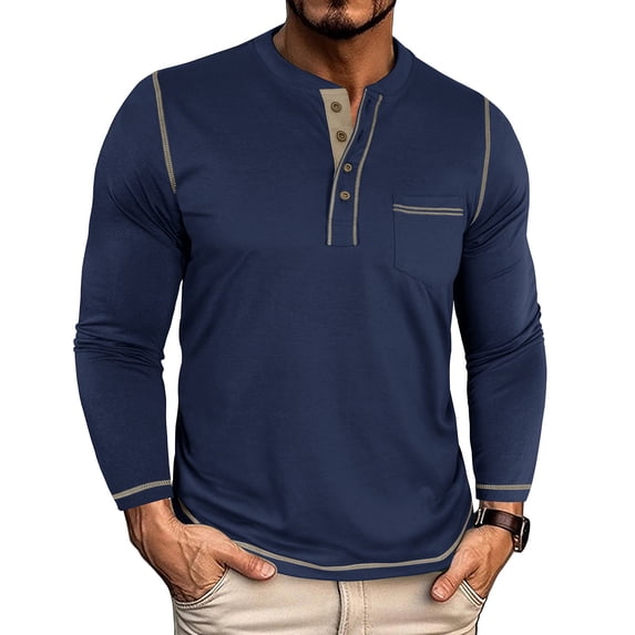 qelini Men Shirts Long Sleeve in Clothing Round Neck Button Casual Lightweight Tops Basic Pullover Solid Color Tee Shirts Navy XXL