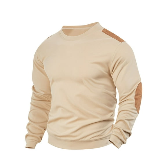 qelini Men Shirts Long Sleeve in Clothing Round Neck Plain Casual Lightweight Tops Basic Pullover Solid Color Tee Shirts Khaki S
