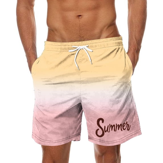 qelini Mens Beach Shorts Big and Tall Pockets Elastic Drawstring Waist Swim Shorts Ombre Print Trunks