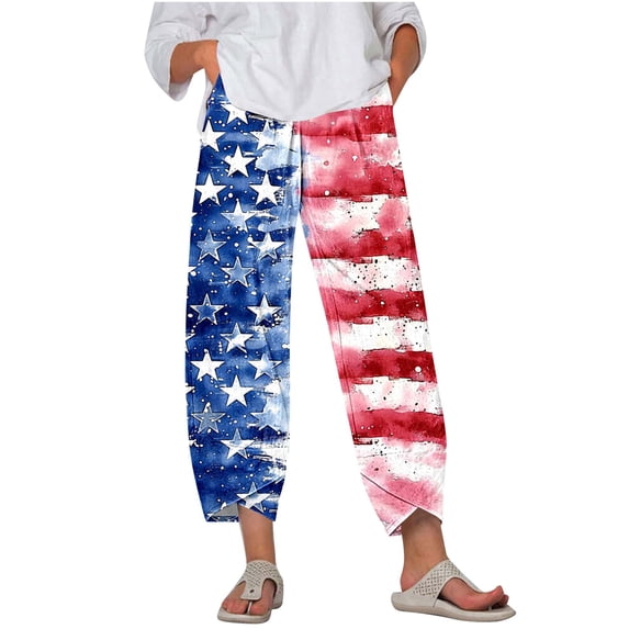 qelini Wide Leg Pants for Women Plus Size 4th of July Capris Pants Elastic Waist Print Ankle Pants Daily Wear