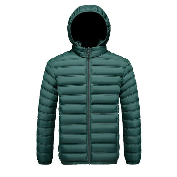 qelini Mens Puffer Jacket with Hood Long Sleeve Coats Solid Hooded Zip up Jackets Dressy Casual Outerwear with Pockets
