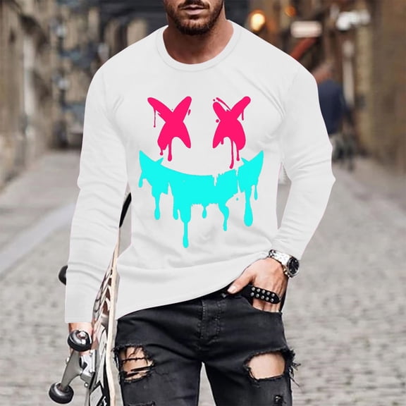 qelini Mens Shirts Graphic Tees funny Long Sleeve Plus Size Round Neck Pullover Tops for Outdoors Running Workout Fall amd Winter Live Doodles Print Grimace Skeleton Party White 3XL