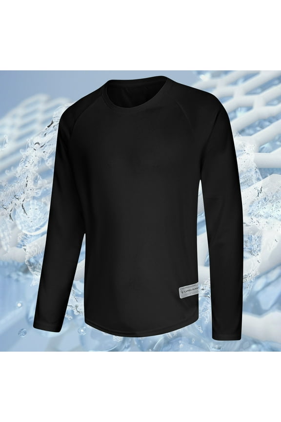 Mens Shirts Long Sleeve T-Shirts Sun Resisrent Back School Plus Size Round-Neck Solid Color Muscle Athletic Workout Quick Dry Pull-over Blouse Fashion Lightweight and Black 3XL