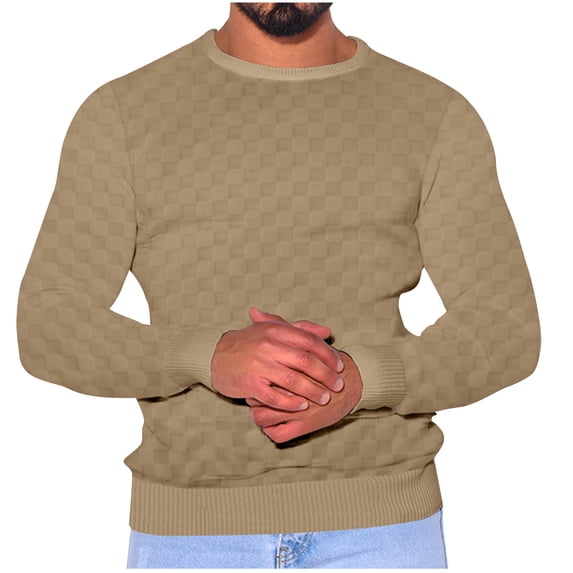 qelini Mens Shirts Long Sleeve T-shirts Back School Plus Size Crew Neck Checkerboard Sweater Casual Slim Fit Basic Pull-over Blouse Fashion Lightweight and Khaki M