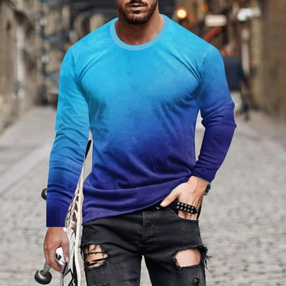 qelini Mens Shirts Long Sleeve T-shirts Back School Plus Size Round-Neck Gradient Printing Casual Slim Fit Basic Pull-over Blouse Fashion Lightweight and Blue XL