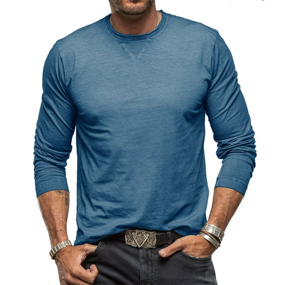 qelini Mens Shirts Long Sleeve T-shirts Back School Round-Neck Solid Color High Elasticity Slim Fit Basic Pull-over Blouse Fashion Lightweight and Blue S