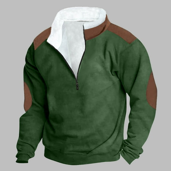 qelini Mens Sweatshirts Zipper Front with Pocket Hallowmas Pullover Blouse Long Sleeve Fall and Winter Solid Color Patchwork Stand Collar Oversize Fashion Lightweight and Low Price Green M