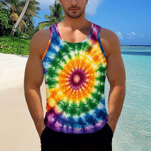 qelini Mens Tank Tops Long Muscle Shirt Crewneck Sleeveless Quick Dry Shirt Vest Tie-Dye Print Cloths