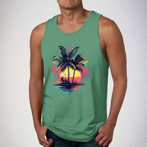 qelini Mens Tank Tops Stretchy Long Vest Top Crewneck Sleeveless Shirt Vest Tropical Print Cloths