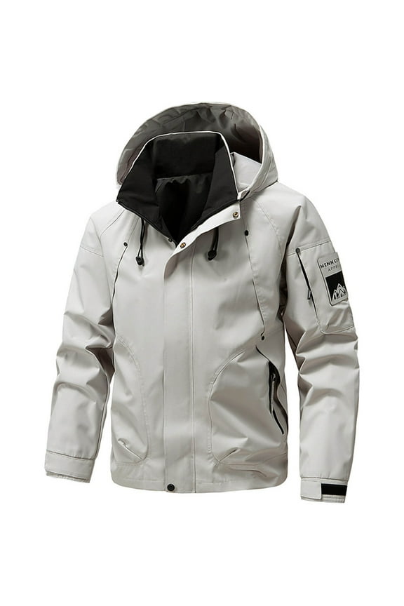 Mens Waterproof Rain Jacket Buttons Zip Up Winter Coats Drawstring Hoodie Fashionable Casual Windbreaker for Outdoor Hiking Cycling Running Khaki M