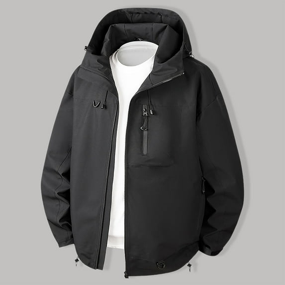 qelini Mens Waterproof Rain Jacket Hooded Drawstring Zip Up Winter Coats with Pocket Solid Color Warm Fashionable Casual Windbreaker for Outdoor Hiking Cycling Running Black XXL