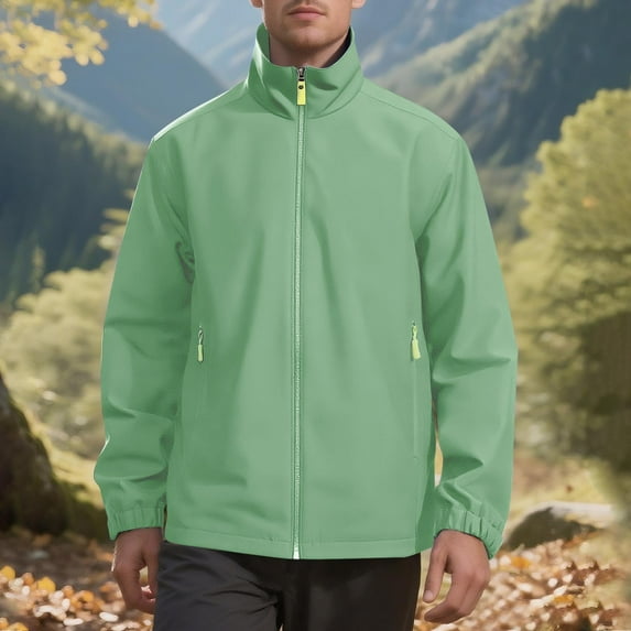 qelini Mens Waterproof Rain Jacket Lightweight Solid Color Winter Coats Hight Neck Zip Up Casual Coats Hiking Climbing Ski Outdoor Sports Jacket Green XXXL