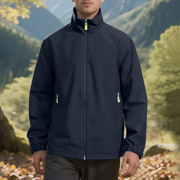 qelini Mens Waterproof Rain Jacket Lightweight Solid Color Winter Coats Hight Neck Zip Up Casual Coats Hiking Climbing Ski Outdoor Sports Jacket Navy L