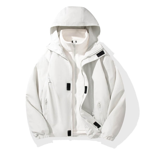 qelini Mens Waterproof Rain Jacket Zip Up Solid Color Winter Coats with Inner Lining Pocket Casual Coats Hiking Climbing Ski Outdoor Sports Jacket White L