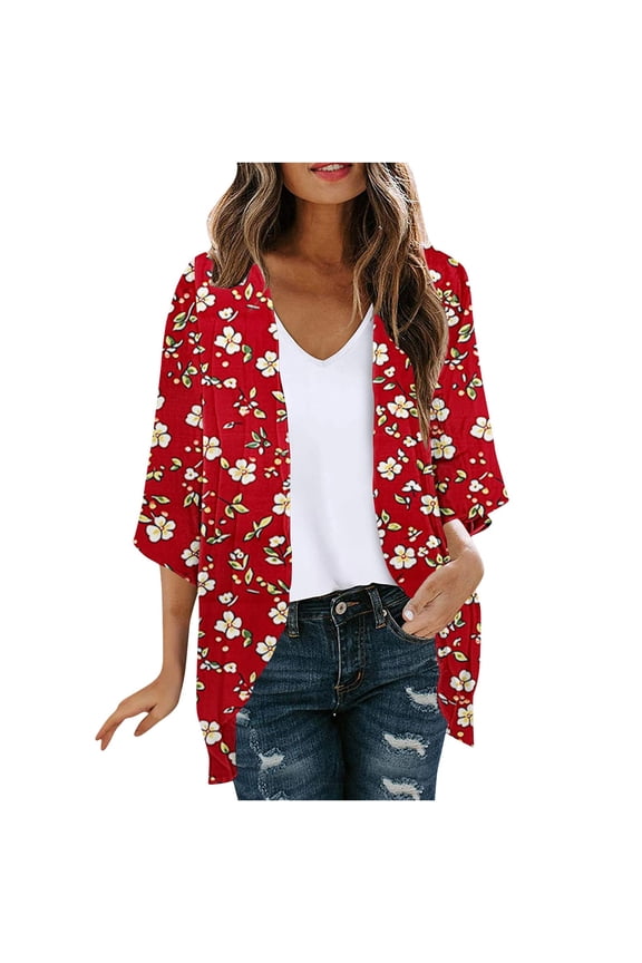Open Front Cardigan Women Chiffon 3/4 Sleeve UV Protection Shirt Floral Print Sun Resistant Tee for Outdoor