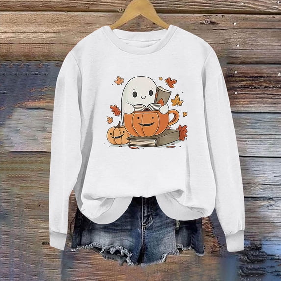 qelini Oversized Graphic Sweatshirt for Women Halloween Fall Cute Ghost Print Fashion Long Sleeve Sweatshirts Crewneck Athletic No Hood 2024 New Lightweight Pullover Tops