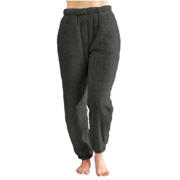 qelini Pajama Pants for Women Elastic Waist Joggers Solid Fleece Loungewear Pants Winter Warm PJs Bottoms with Pockets