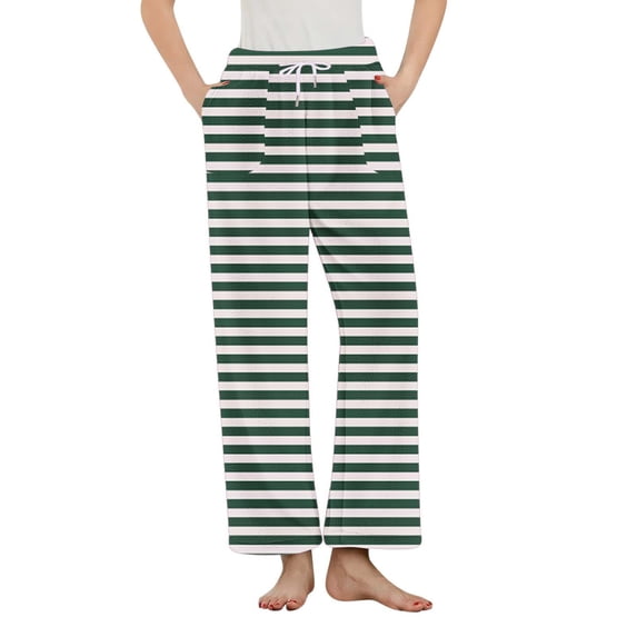 qelini Pajama Pants for Women Elastic Waist Pants Striped Drawstring Loungewear Pants Fuzzy Warm PJs Bottoms