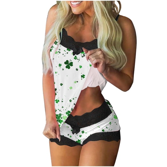 qelini Pajama Set Women Lace Trim Sleepwear Sleeveless Loungewear St. Patrick's Day Print Homewear