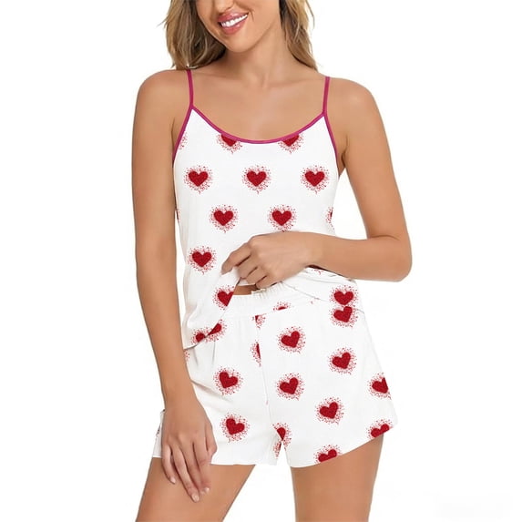 qelini Pajama Set Women Satin Sleepwear Square Neck Sleeveless Loungewear with Shorts Print Homewear