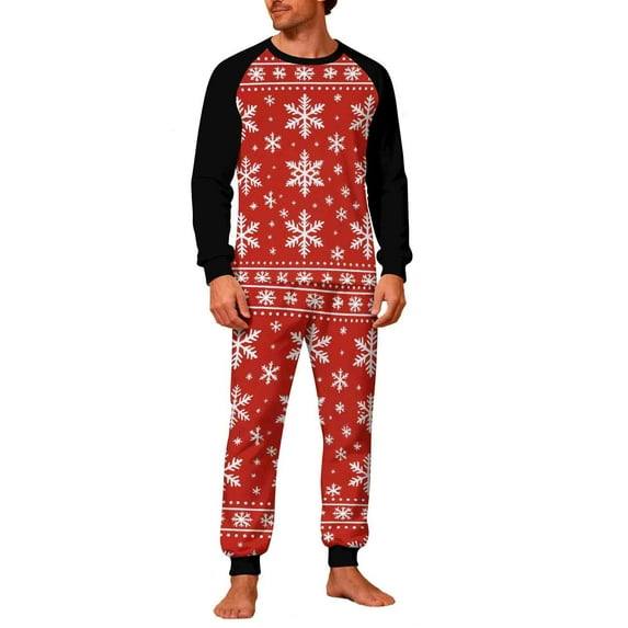 qelini Pajama Set for Men Christmas Snowflake Print Crewneck Long Sleeve Shirt and Jogger Pant Soft Holiday Sleepwear