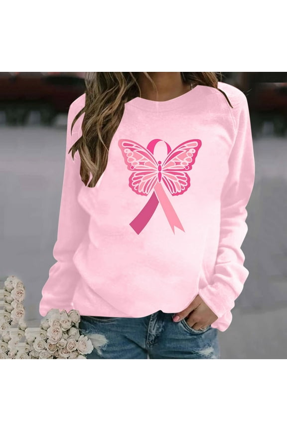 Wowen's Graphic Crewneck Shirts Casual Pullover Blouse Fall Winter Comfy Long Sleeve Shirts Loose Casual Breast Cancer Print Tops Pink M