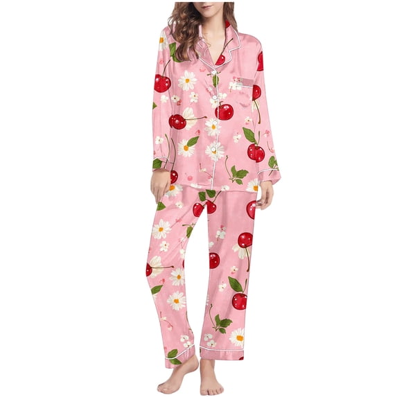 qelini Pj Set Women Plus Size Printed Lapel Long Sleeve Shirt and Pant with Pocket Loungewear Soft Fancy Sleepwear