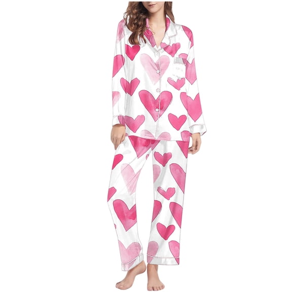 qelini Pj Set Women Plus Size Valentine's Day Heart Print Lapel Long Sleeve Shirt and Pant Loungewear Soft Holiday Sleepwear