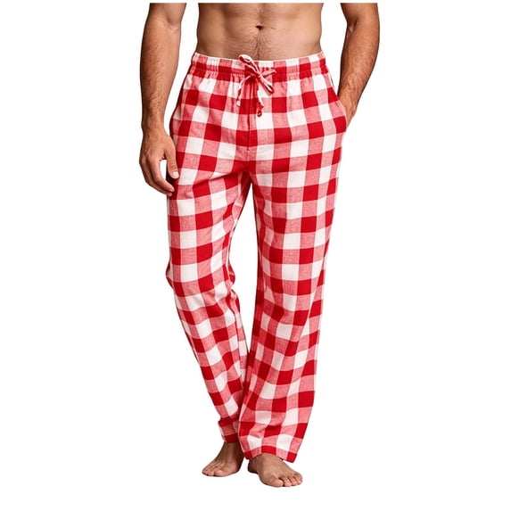 qelini Plaid Lounge Pants for Men Big and Tall Elastic Waist Long Pants Solid Color Sleep Pajama Bottoms with Pockets