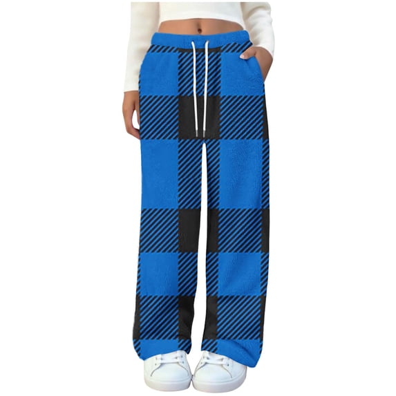 qelini Plaid Pajama Pants Womens Elastic Waist Pants Stretch Drawstring Loungewear Pants Oversized Warm PJs Bottoms with Pockets