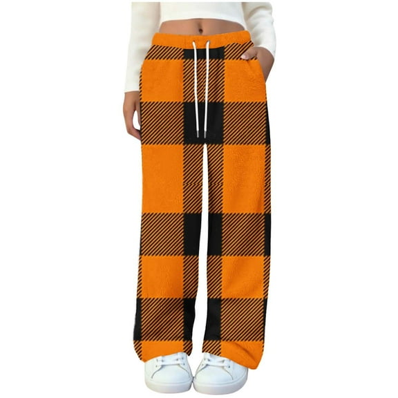 qelini Plaid Pajama Pants Womens Elastic Waist Pants Stretch Drawstring Loungewear Pants Oversized Warm PJs Bottoms with Pockets
