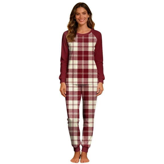 qelini Plaid Pajama Set for Women Christmas Crewneck Long Sleeve Shirt and Pant with Pocket Pjs Set Soft Holiday Sleepwear