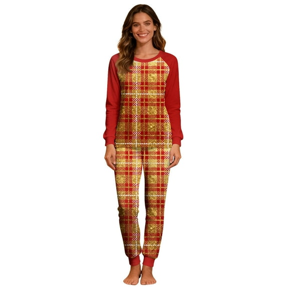 qelini Plaid Pajamas for Women Christmas Crewneck Long Sleeve Shirt and Pant with Pocket Pjs Set Soft Holiday Sleepwear